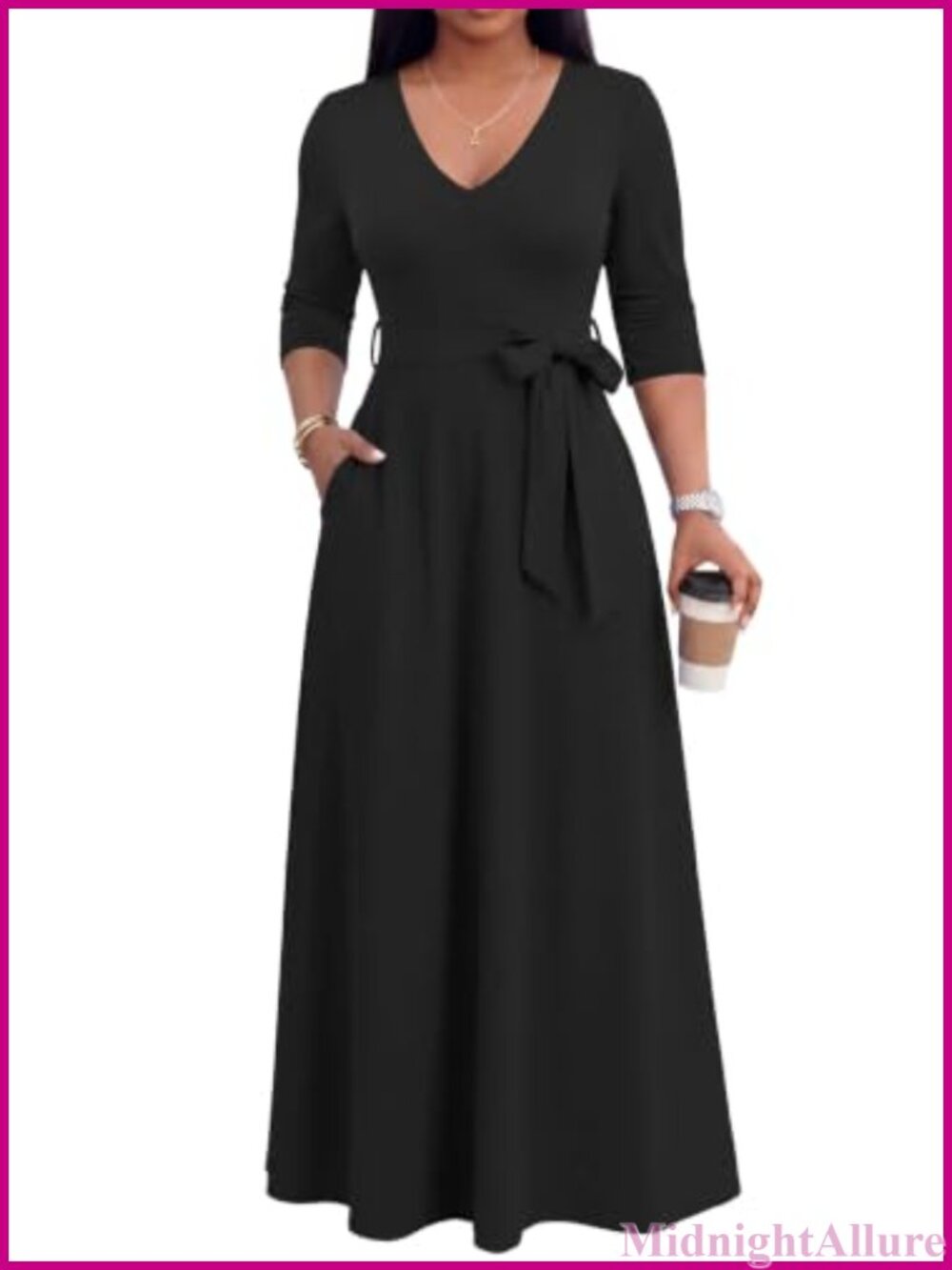 Maxi Dress 3/4 Sleeve V-Neck Empire Waist A-Line Casual Church